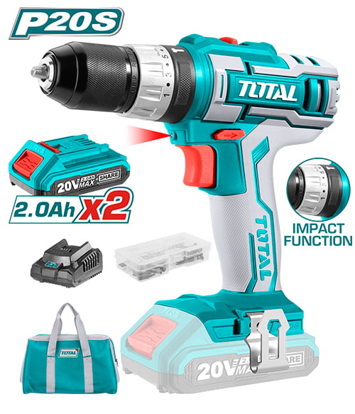 Total - Accu Schroef Klopboormachine Lithium ion 2,0Ah 20V 0-1500rpm 45NM Inclusief 2x accu 1x lader