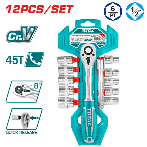 Total - Ratelset 1/2'' - 11 delig - 10-15, 17, 19, 21 & 24 mm doppen - Verlengstuk - Ratel 1/2''