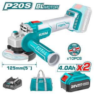 Total Tools - Haakse slijper 125mm - Lithium ion 4,0ah 20V - Inclusief 2x accu, 1x lader & opbergtas