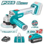 Total tools - Haakse slijper 115mm - Lithium ion 4,0ah 20V - Inclusief 2x accu, 1x lader & opbergtas
